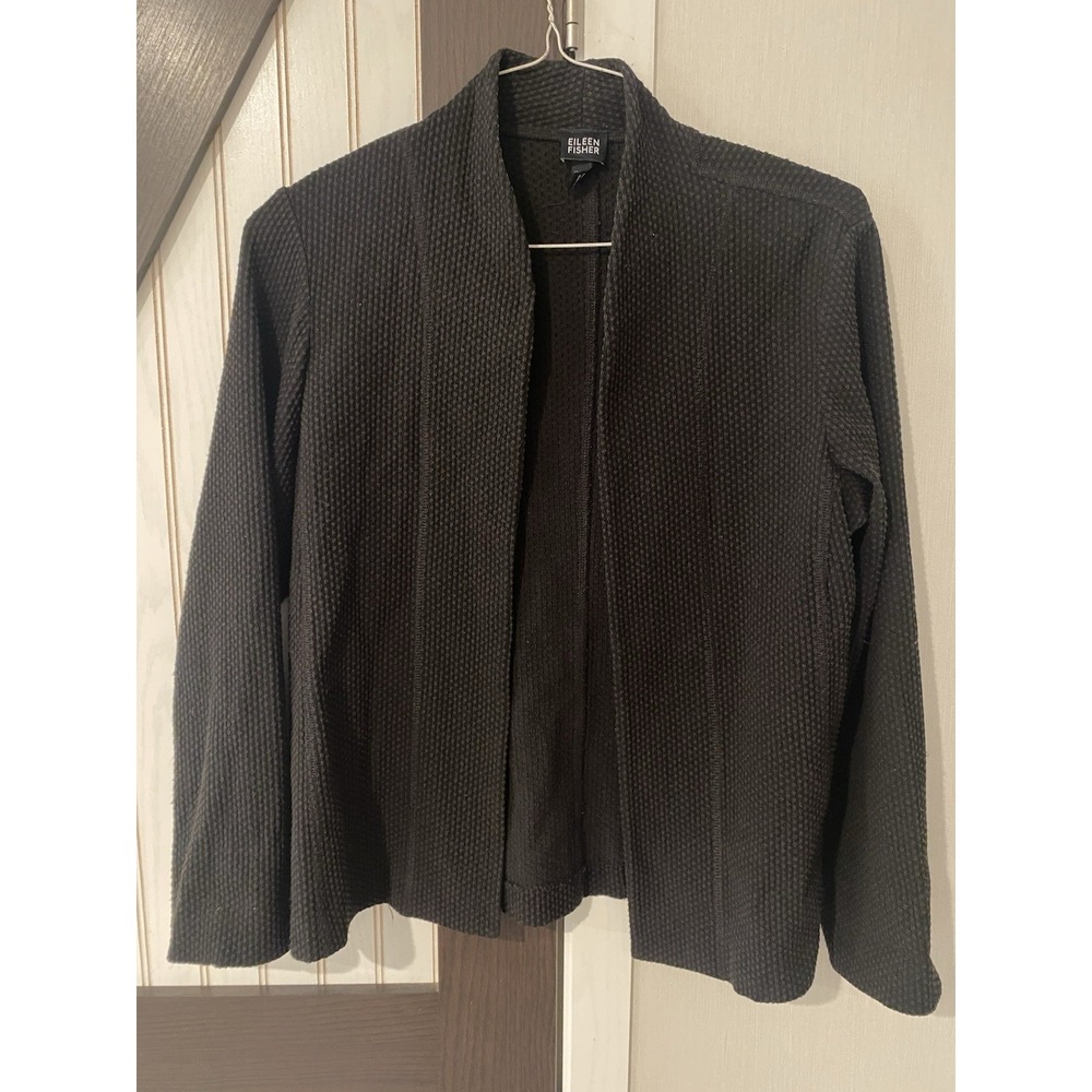 Eileen Fisher Black Waffle Knit Open Front Cardigan Size Medium With Few Pulls